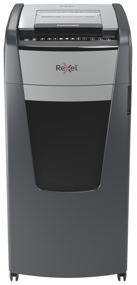 Distrugator automat documente Rexel OPTIMUM 750M, 750 coli, P5, micro-cut (tip particule), cos 140 litri, negru-gri, "2020750MEU" — miniatură