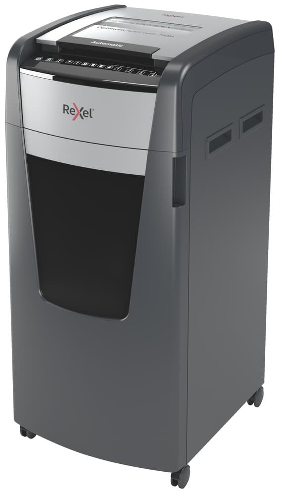 Distrugator automat documente Rexel OPTIMUM 750M, 750 coli, P5, micro-cut (tip particule), cos 140 litri, negru-gri, "2020750MEU"