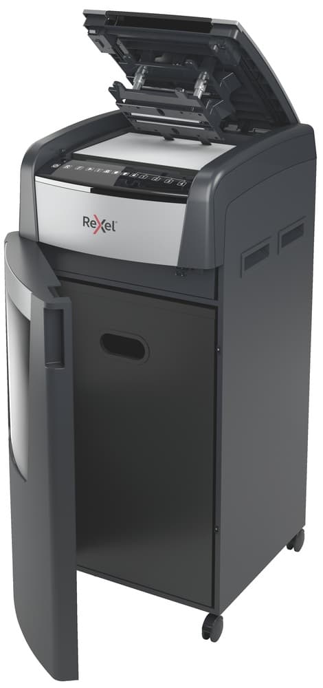 Distrugator automat documente Rexel OPTIMUM 750M, 750 coli, P5, micro-cut (tip particule), cos 140 litri, negru-gri, "2020750MEU" — miniatură