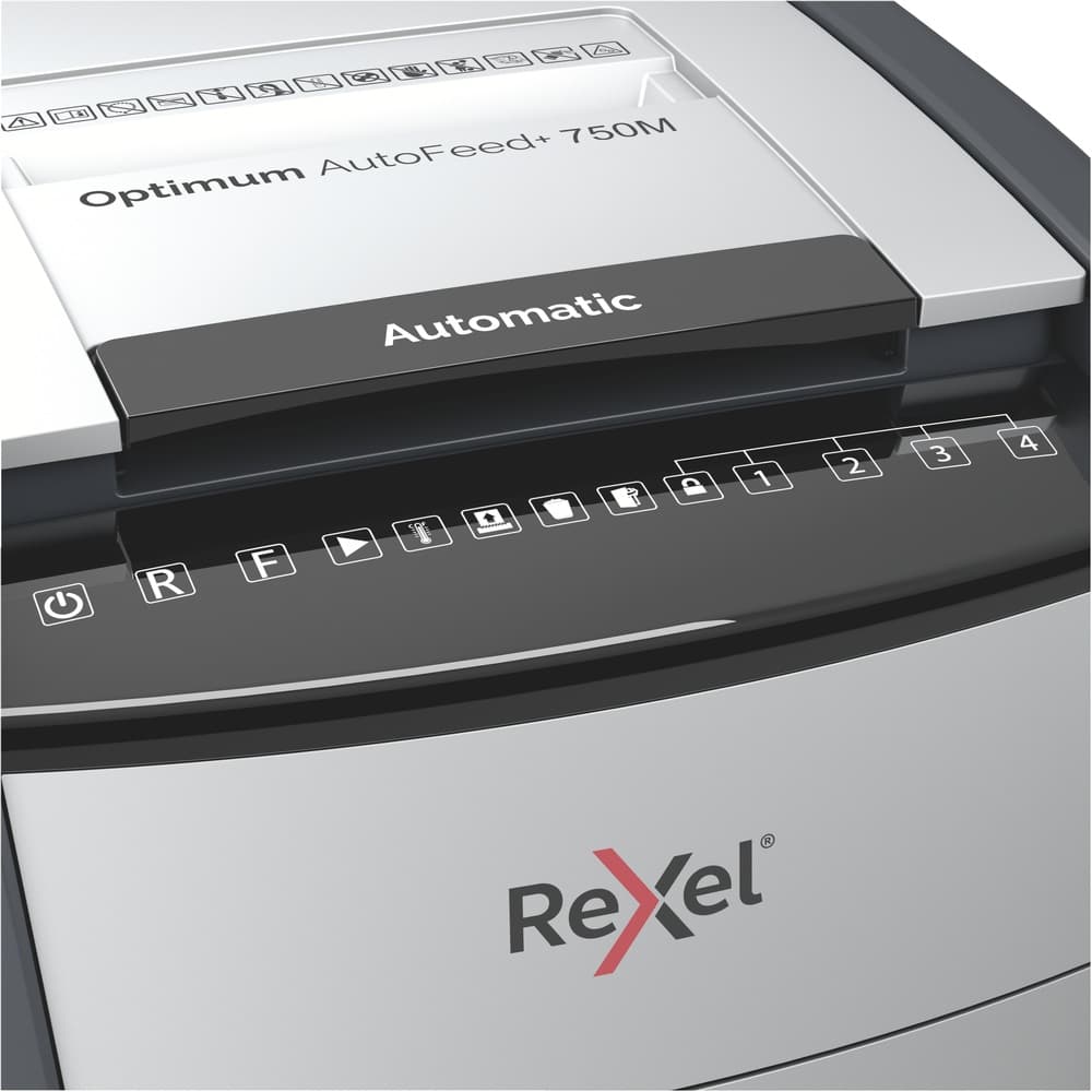 Distrugator automat documente Rexel OPTIMUM 750M, 750 coli, P5, micro-cut (tip particule), cos 140 litri, negru-gri, "2020750MEU" — miniatură