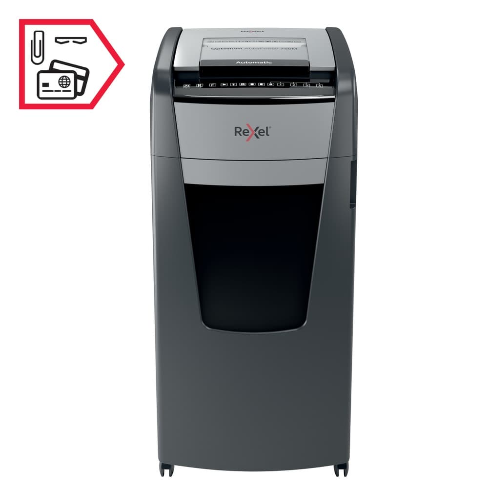 Distrugator automat documente Rexel OPTIMUM 750M, 750 coli, P5, micro-cut (tip particule), cos 140 litri, negru-gri, "2020750MEU" — miniatură