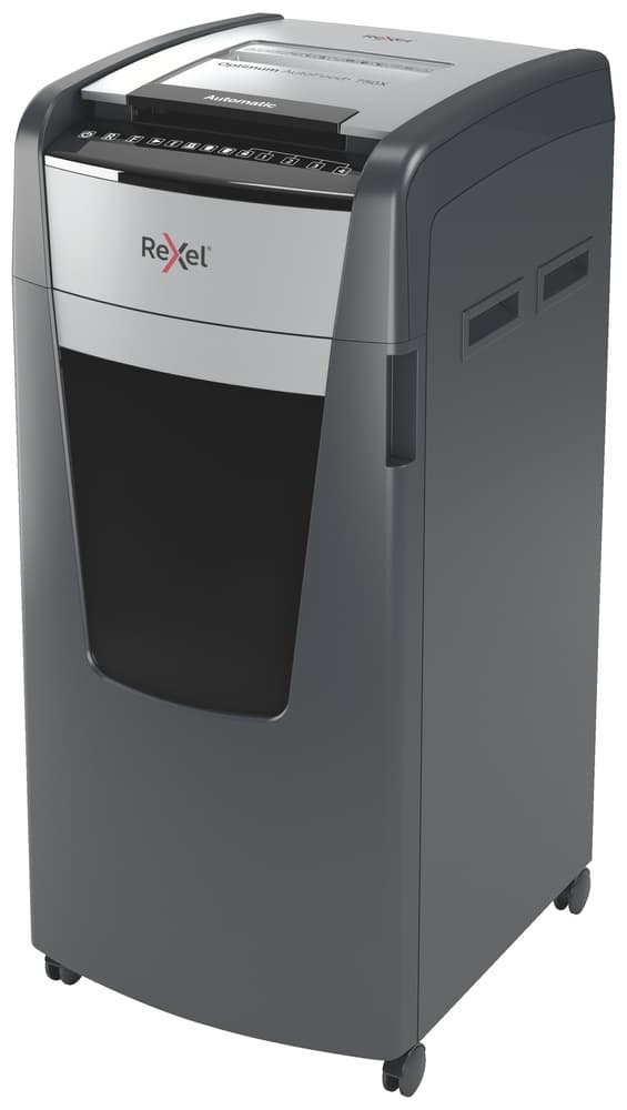 Distrugator automat documente Rexel OPTIMUM 750X, 750 coli, P4, cross-cut (tip confeti), cos 140 litri, negru-gri, "2020750XEU"