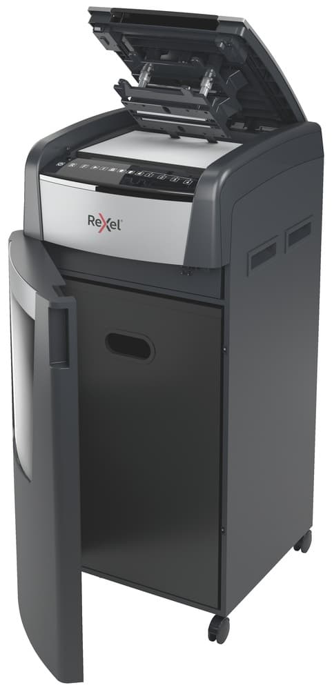 Distrugator automat documente Rexel OPTIMUM 750X, 750 coli, P4, cross-cut (tip confeti), cos 140 litri, negru-gri, "2020750XEU" — miniatură