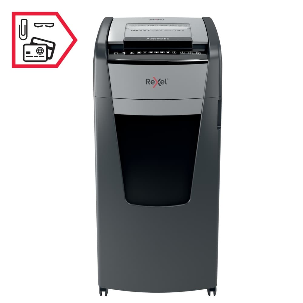 Distrugator automat documente Rexel OPTIMUM 750X, 750 coli, P4, cross-cut (tip confeti), cos 140 litri, negru-gri, "2020750XEU" — miniatură