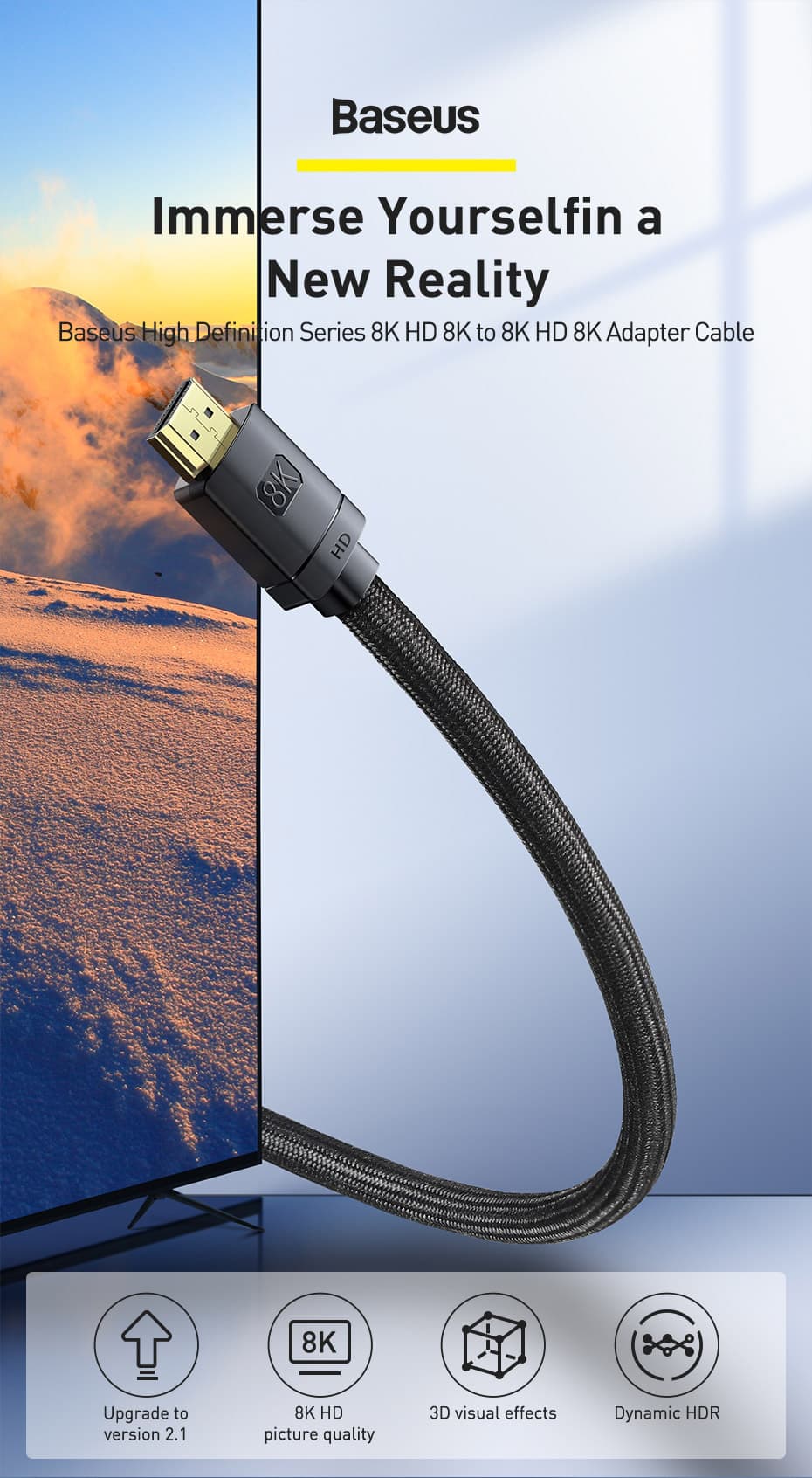 CABLU video Baseus High Definition, HDMI(T) la HDMI(T), versiunea 2.1, rezolutie maxima 8K UHD (7680 x 4320) la 60 Hz, conectori auriti, 3m, negru "CAKGQ-L01" - 6953156204171 — miniatură