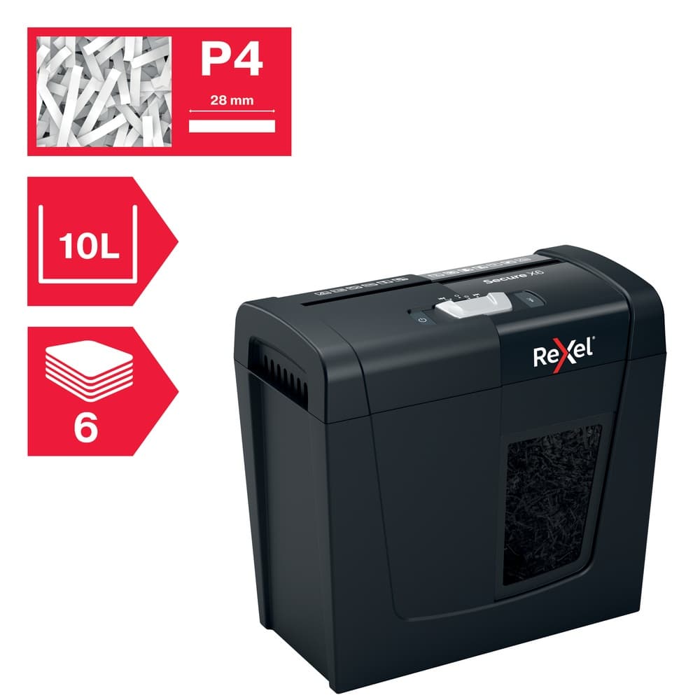 Distrugator manual documente Rexel SECURE X6, 6 coli, P4, cross-cut (tip confeti), cos 10 litri, negru, "2020122EU" — miniatură