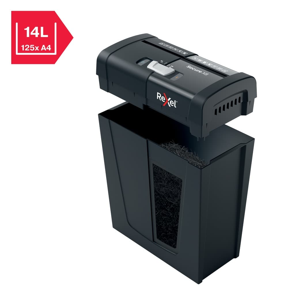 Distrugator manual documente Rexel SECURE X8, 8 coli, P4, cross-cut (tip confeti), cos 14 litri, negru, "2020123EU" — miniatură