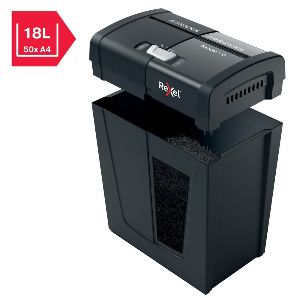 Distrugator manual documente Rexel SECURE X10, 10 coli, P4, cross-cut (tip confeti), cos 18 litri, negru, "2020124EU" — miniatură
