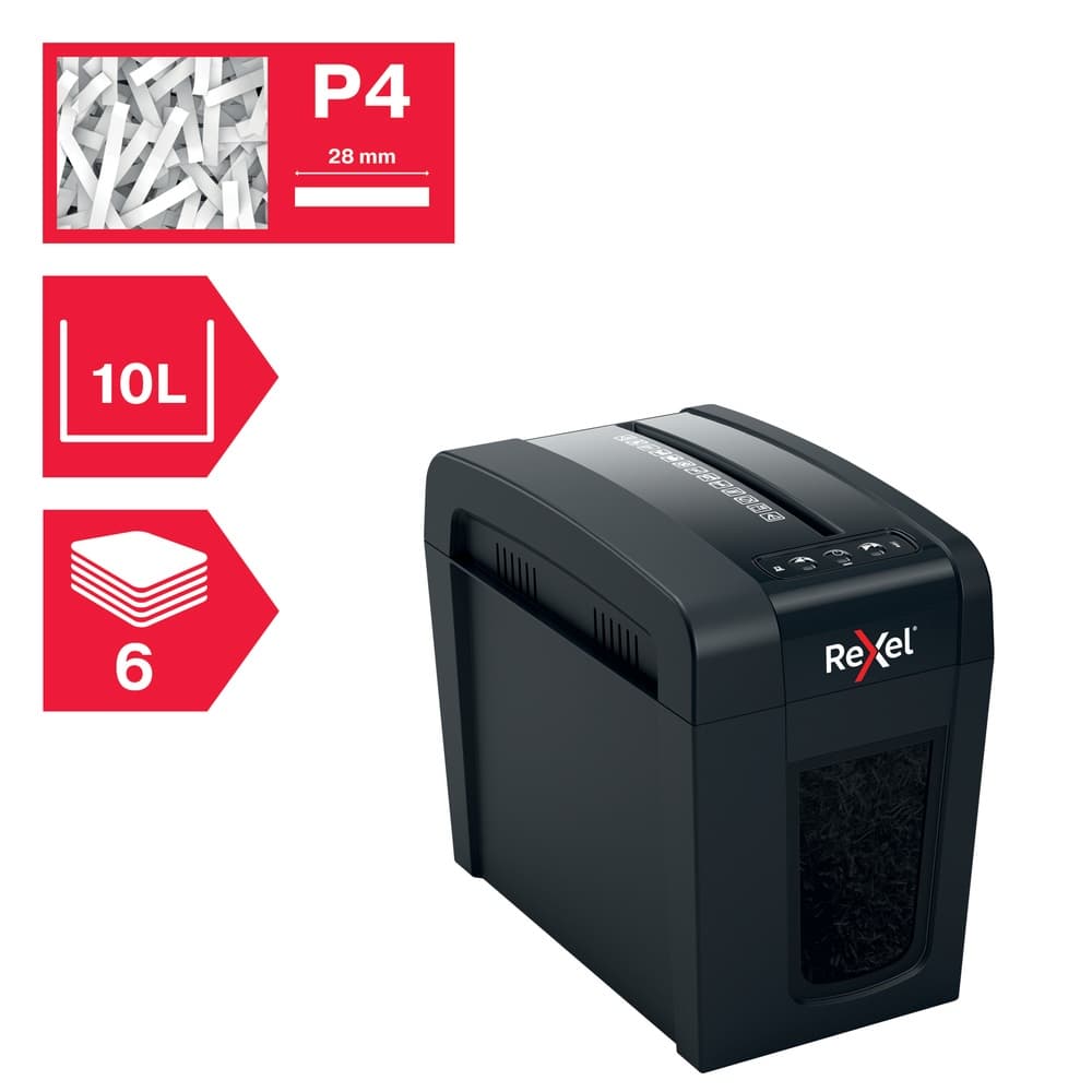 Distrugator manual documente Rexel SECURE X6 Slim, 6 coli, P4, cross-cut (tip confeti), cos 10 litri, negru, "2020125EU" — miniatură
