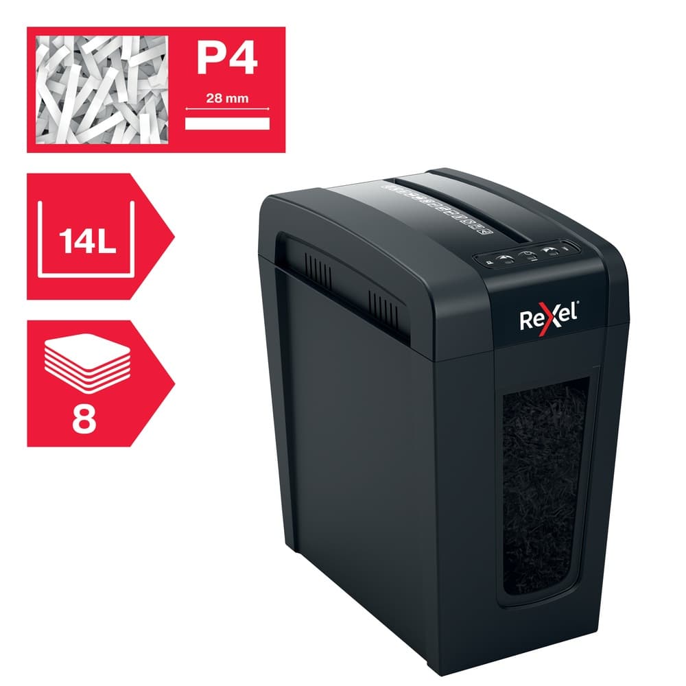 Distrugator manual documente Rexel SECURE X8 Slim, 8 coli, P4, cross-cut (tip confeti), cos 14 litri, negru, "2020126EU" — miniatură