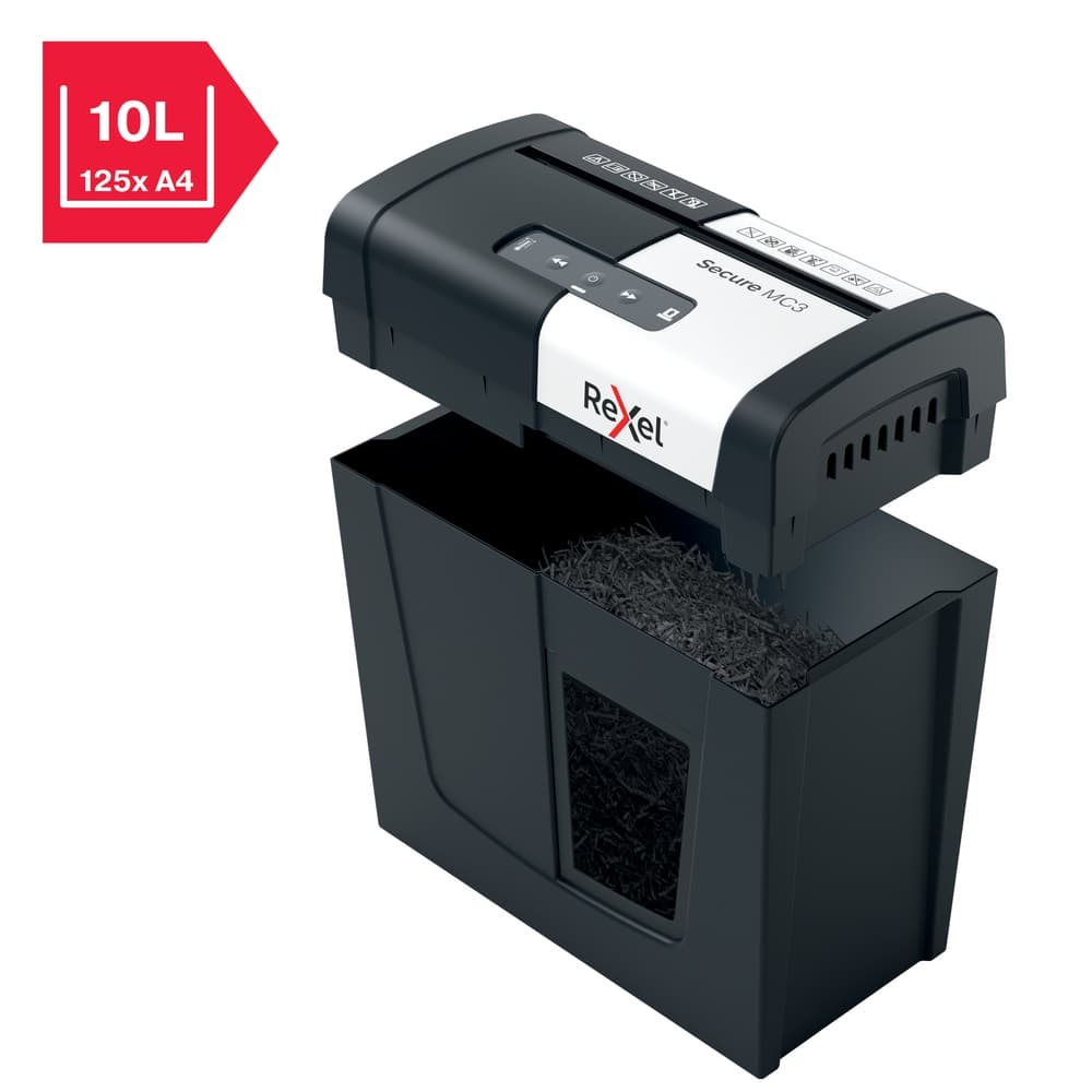 Distrugator manual documente Rexel SECURE MC3, 3 coli, P5, micro-cut (tip particule), cos 10 litri, negru-argintiu, "2020128EU" — miniatură