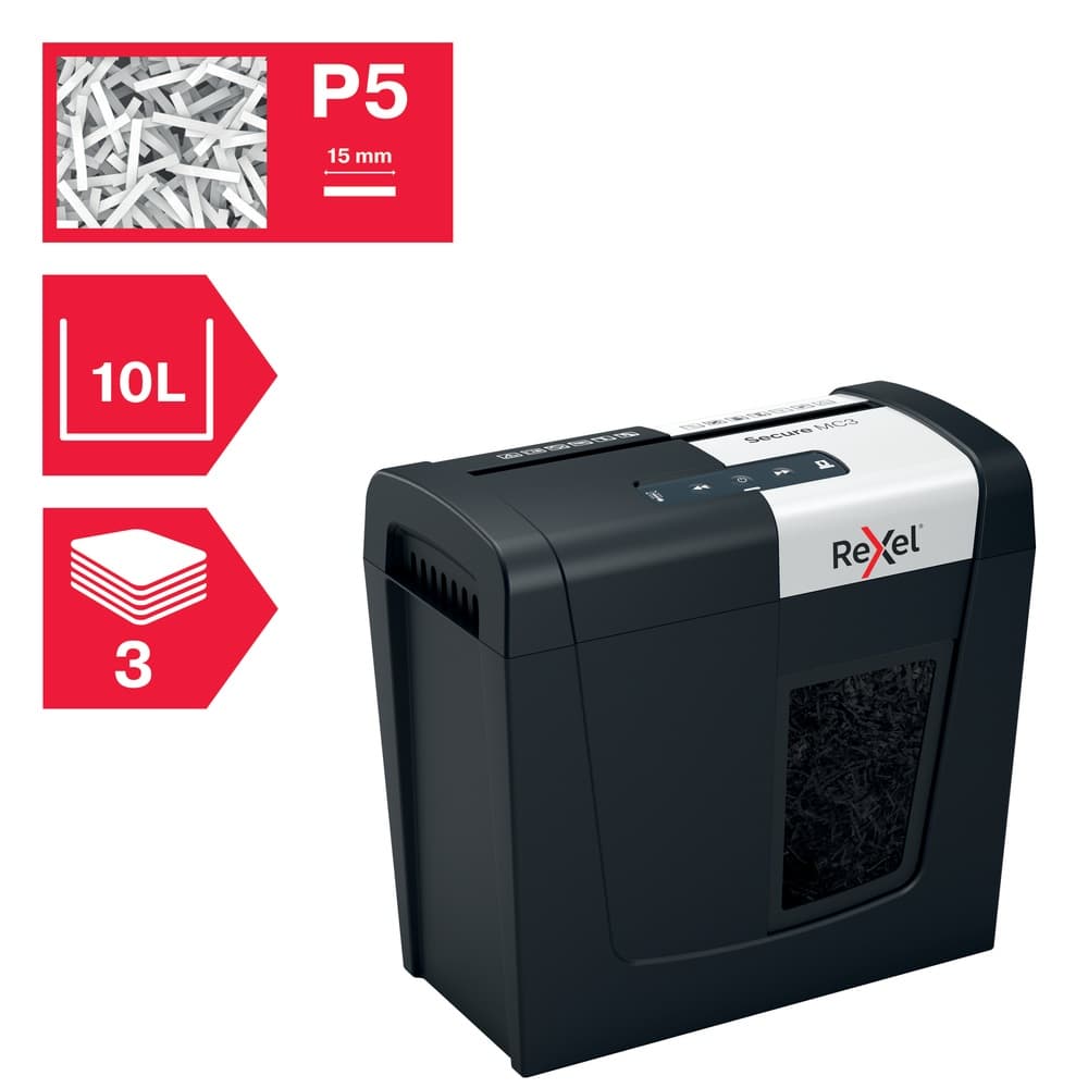 Distrugator manual documente Rexel SECURE MC3, 3 coli, P5, micro-cut (tip particule), cos 10 litri, negru-argintiu, "2020128EU" — miniatură