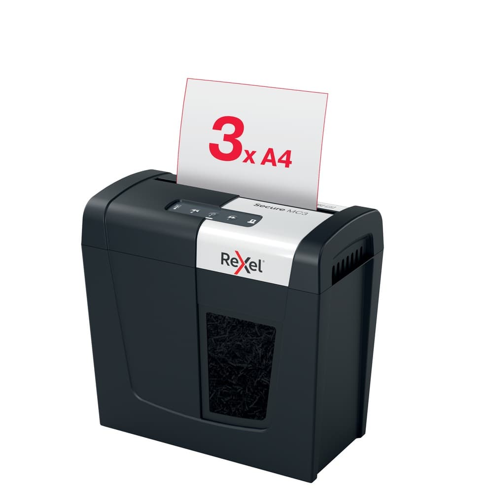 Distrugator manual documente Rexel SECURE MC3, 3 coli, P5, micro-cut (tip particule), cos 10 litri, negru-argintiu, "2020128EU" — miniatură