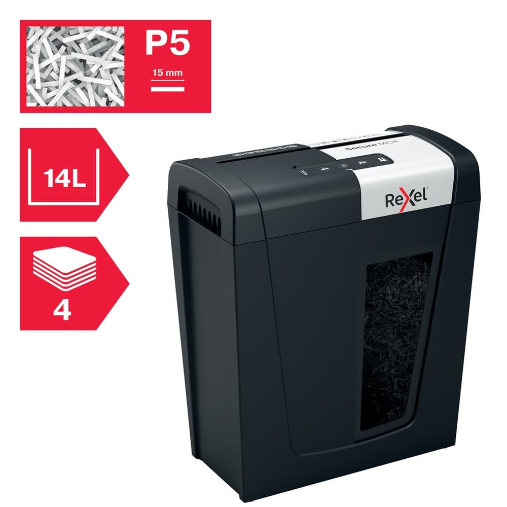 Distrugator manual documente Rexel SECURE MC4, 4 coli, P5, micro-cut (tip particule), cos 14 litri, negru-argintiu, "2020129EU" — miniatură