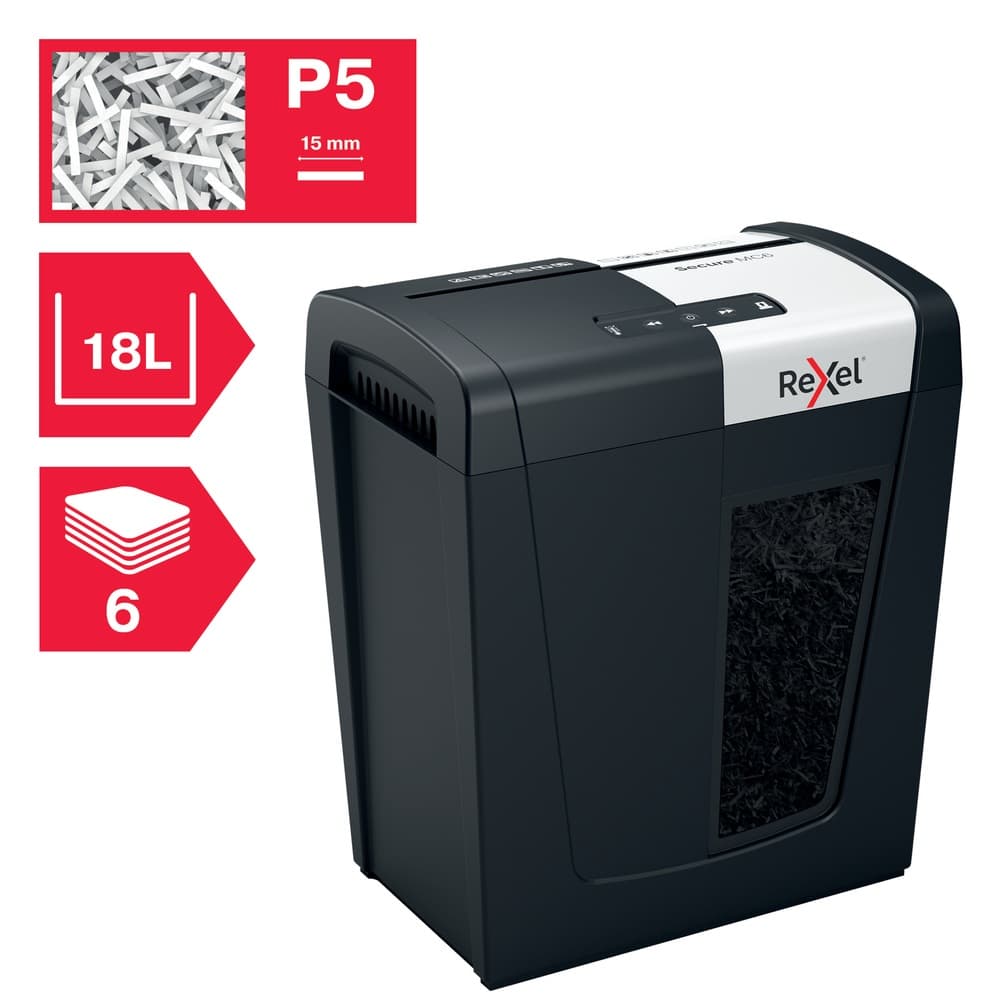 Distrugator manual documente Rexel SECURE MC6, 6 coli, P5, micro-cut (tip particule), cos 18 litri, negru-argintiu, "2020130EU" — miniatură
