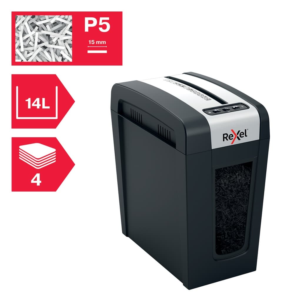 Distrugator manual documente Rexel SECURE MC4 Slim, 4 coli, P5, micro-cut (tip particule), cos 14 litri, negru-argintiu, "2020132EU" — miniatură