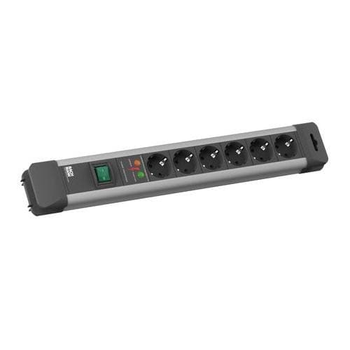 PRELUNGITOR Bachmann, Schuko x 6, conectare prin Schuko (T), cablu 2 m, protectie supratensiune, negru | argintiu, "330.104R"