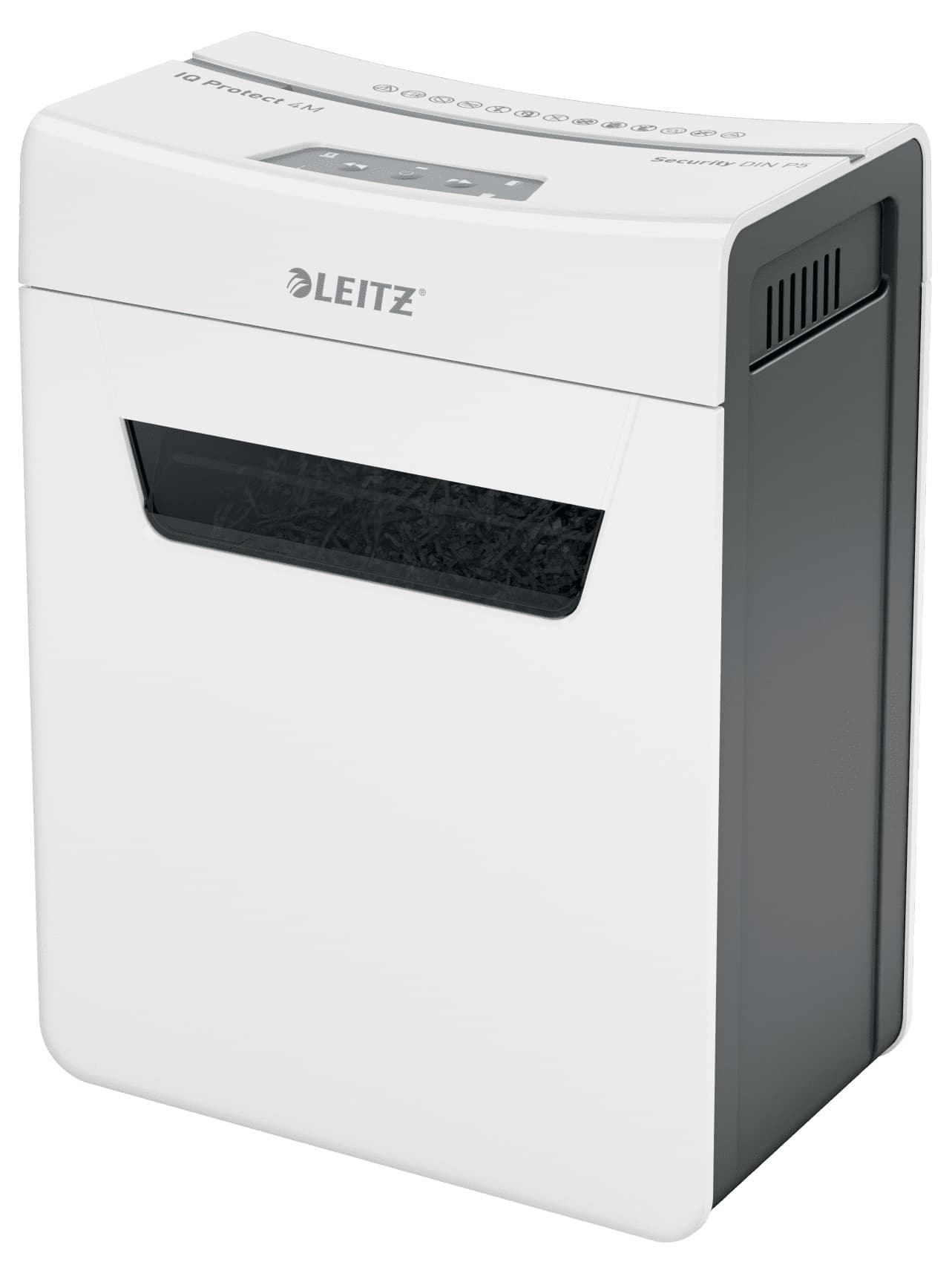 Distrugator manual documente Leitz IQ Protect 4M, 4 coli, P5, micro-cut (tip particule), cos 14 litri, alb, Leitz "80940000"