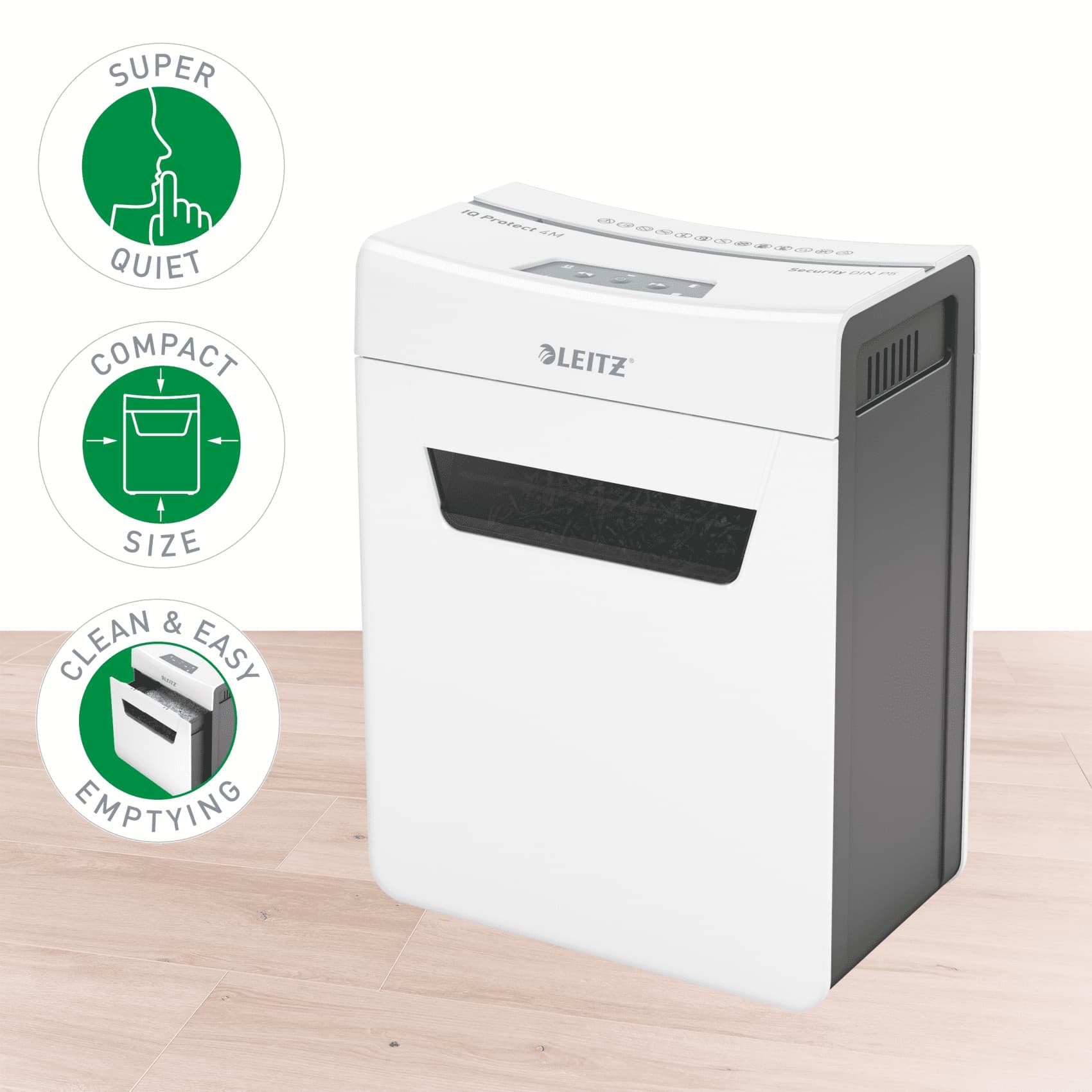 Distrugator manual documente Leitz IQ Protect 4M, 4 coli, P5, micro-cut (tip particule), cos 14 litri, alb, Leitz "80940000" — miniatură