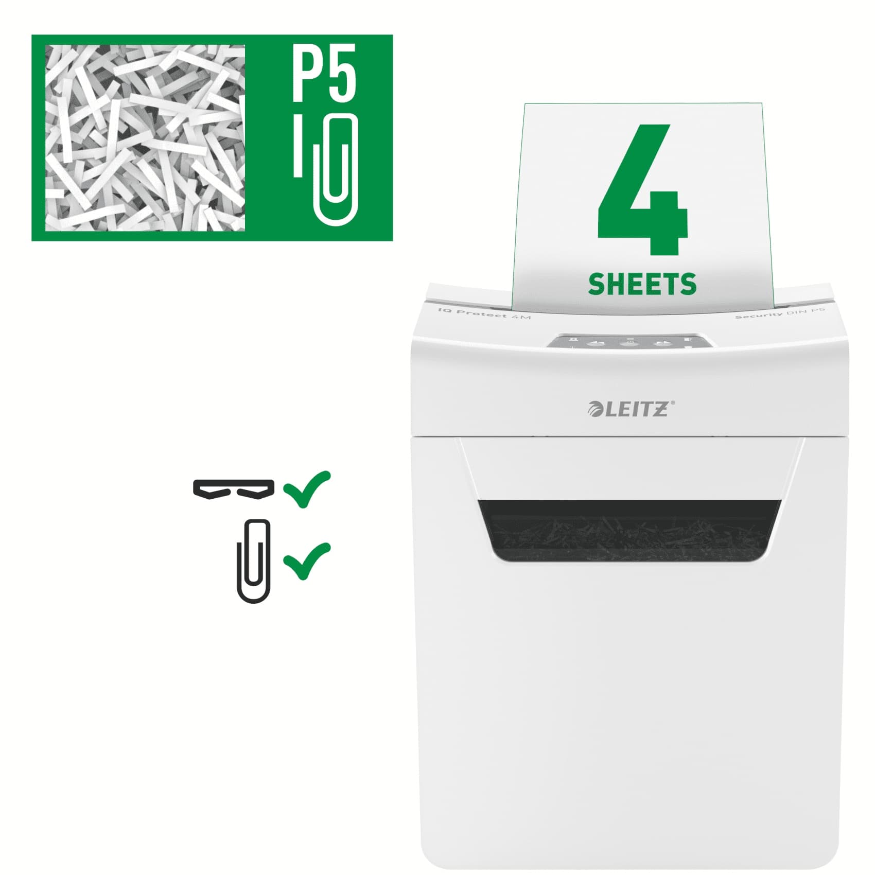 Distrugator manual documente Leitz IQ Protect 4M, 4 coli, P5, micro-cut (tip particule), cos 14 litri, alb, Leitz "80940000" — miniatură