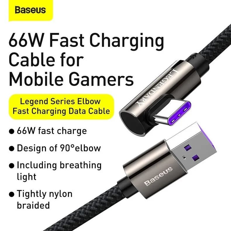 CABLU alimentare si date Baseus Legend Elbow, Fast Charging Data Cable pt. smartphone, USB la USB Type-C 66W, braided, 2m, negru "CATCS-C01" - 6953156207547 — miniatură