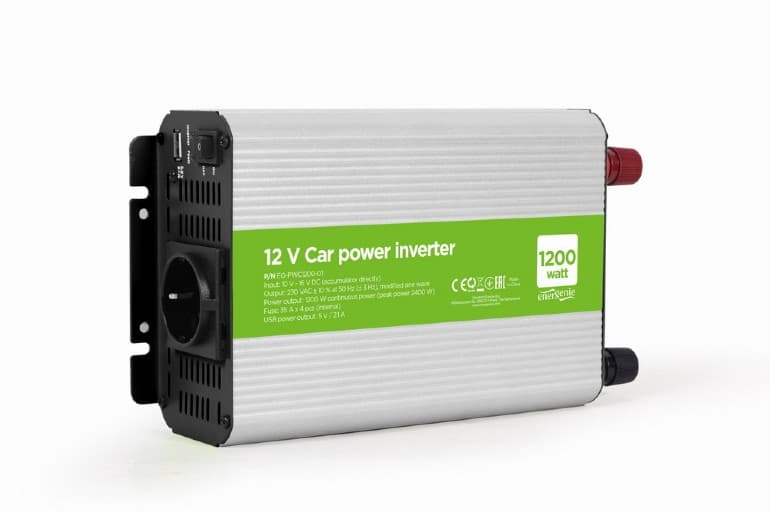 INVERTER GEMBIRD cu sinusoida simulata, Inverter auto, 1200W, Schuko x 1, USB 5V / 2.1A, baterie 10-16V, "EG-PWC1200-01"
