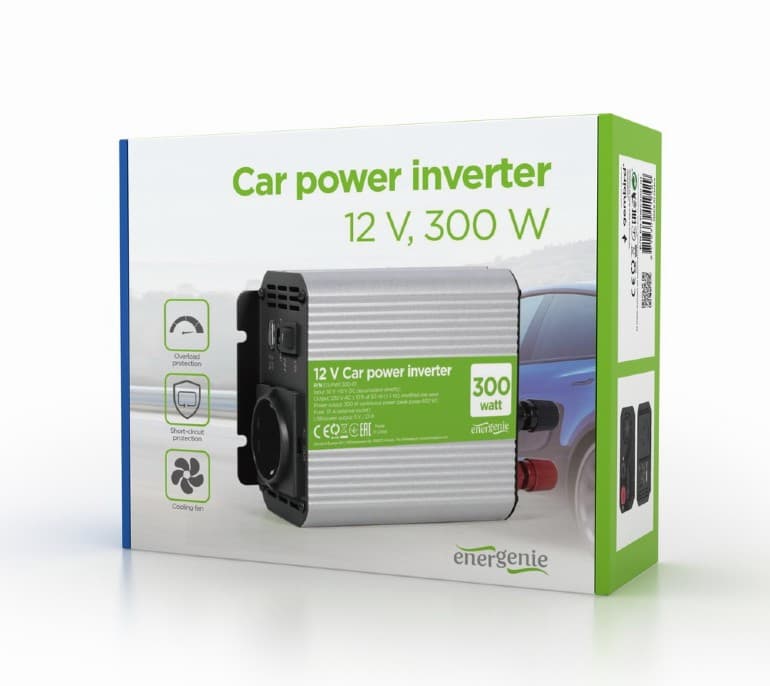 INVERTER GEMBIRD cu sinusoida simulata, Inverter auto, 300W, Schuko x 1, USB 5V / 2.1A, baterie 10-16V, "EG-PWC300-01" — miniatură