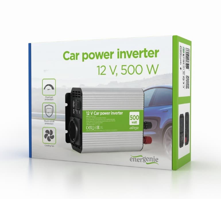 INVERTER GEMBIRD cu sinusoida simulata, Inverter auto, 500W, Schuko x 1, USB 5V / 2.1A, baterie 10-16V, "EG-PWC500-01" — miniatură