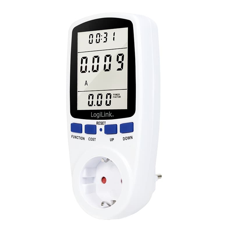 PRIZA LOGILINK, Schuko x 1, conectare prin Schuko (T), contor de cost energie, 16 A, afisaj energie / putere / tarif cost, baterie incorporata, alb, "EM0003"