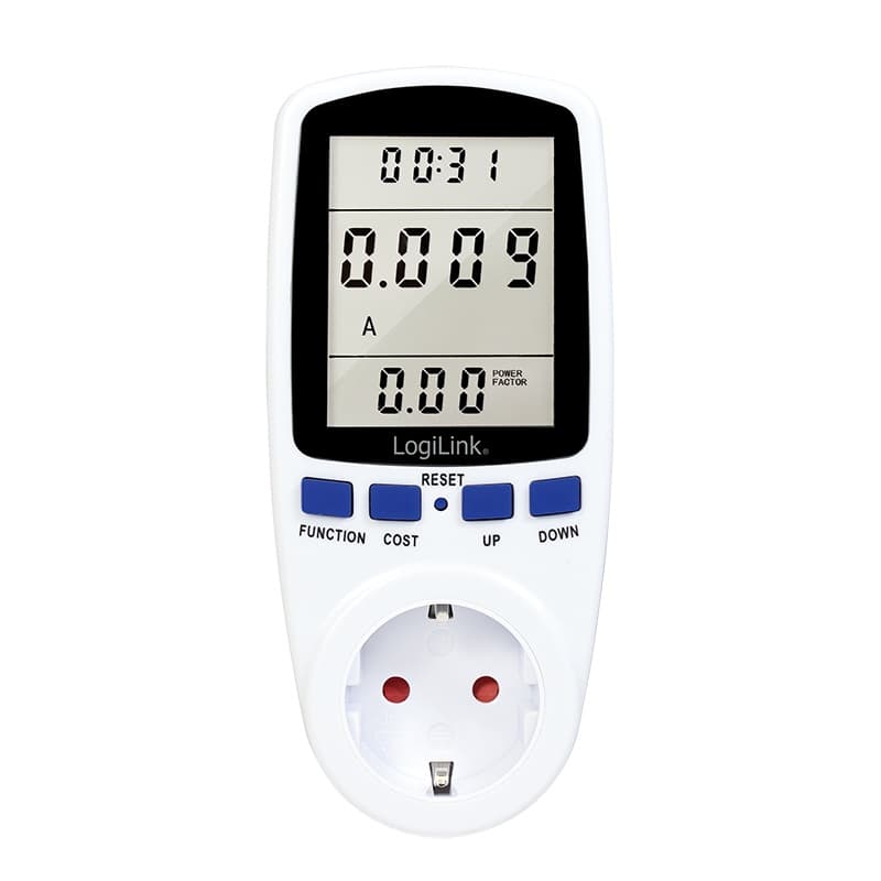PRIZA LOGILINK, Schuko x 1, conectare prin Schuko (T), contor de cost energie, 16 A, afisaj energie / putere / tarif cost, baterie incorporata, alb, "EM0003" — miniatură