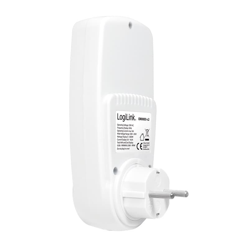 PRIZA LOGILINK, Schuko x 1, conectare prin Schuko (T), contor de cost energie, 16 A, afisaj energie / putere / tarif cost, baterie incorporata, alb, "EM0003" — miniatură