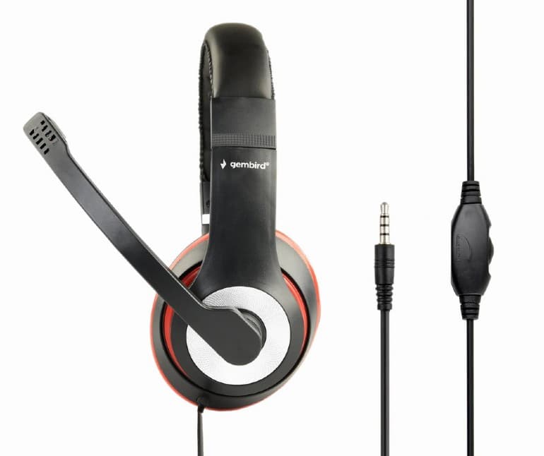 CASTI Gembird, cu fir, standard, utilizare multimedia, call center, microfon pe brat, conectare prin Jack 3.5 mm, red / negru, "MHS-03-BKRD" — miniatură