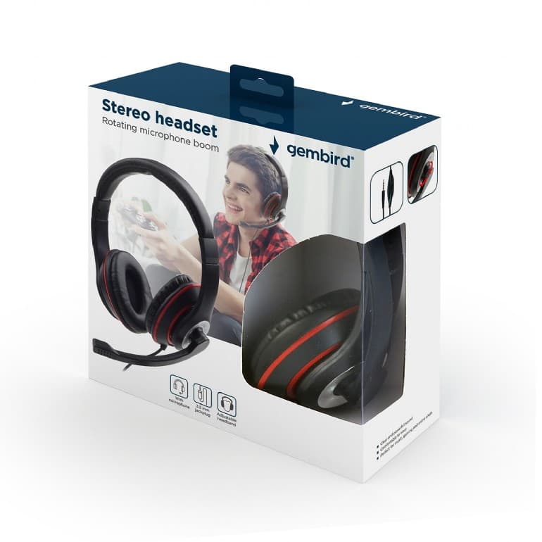CASTI Gembird, cu fir, standard, utilizare multimedia, call center, microfon pe brat, conectare prin Jack 3.5 mm, red / negru, "MHS-03-BKRD" — miniatură