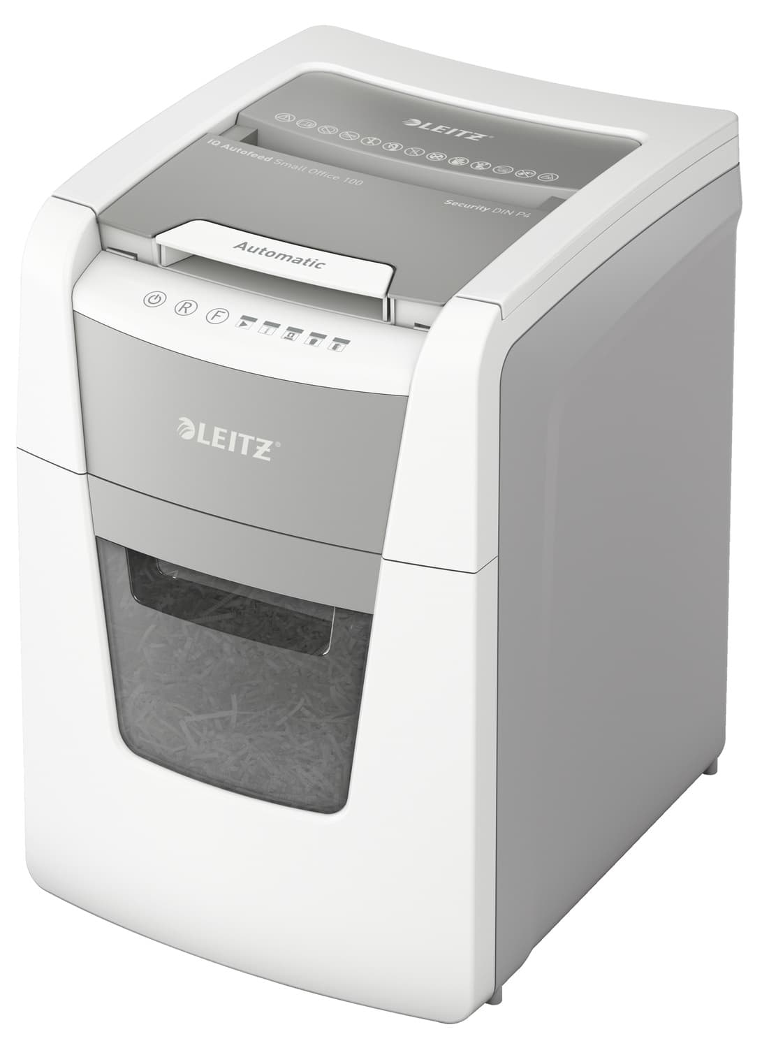 Distrugator automat documente Leitz IQ Small Office, 100 coli, P4, cross-cut (tip confeti), cos 34 litri, alb-gri, Leitz "80110000"