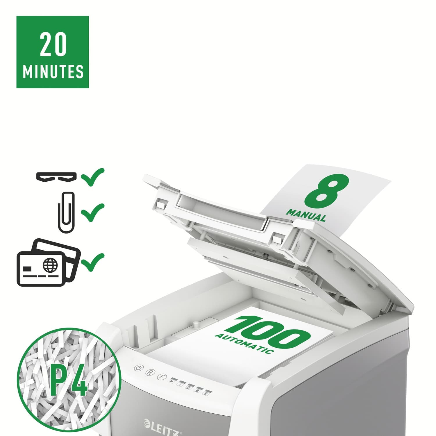 Distrugator automat documente Leitz IQ Small Office, 100 coli, P4, cross-cut (tip confeti), cos 34 litri, alb-gri, Leitz "80110000" — miniatură