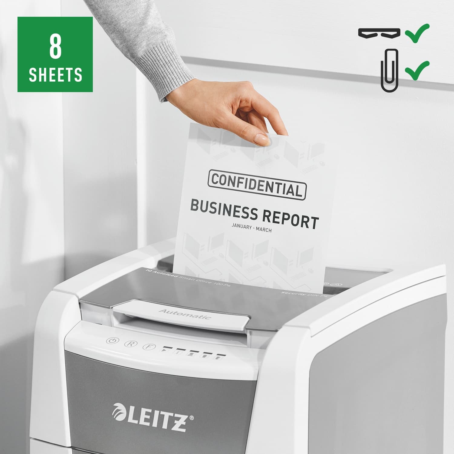 Distrugator automat documente Leitz IQ Small Office, 100 coli, P4, cross-cut (tip confeti), cos 34 litri, alb-gri, Leitz "80110000" — miniatură