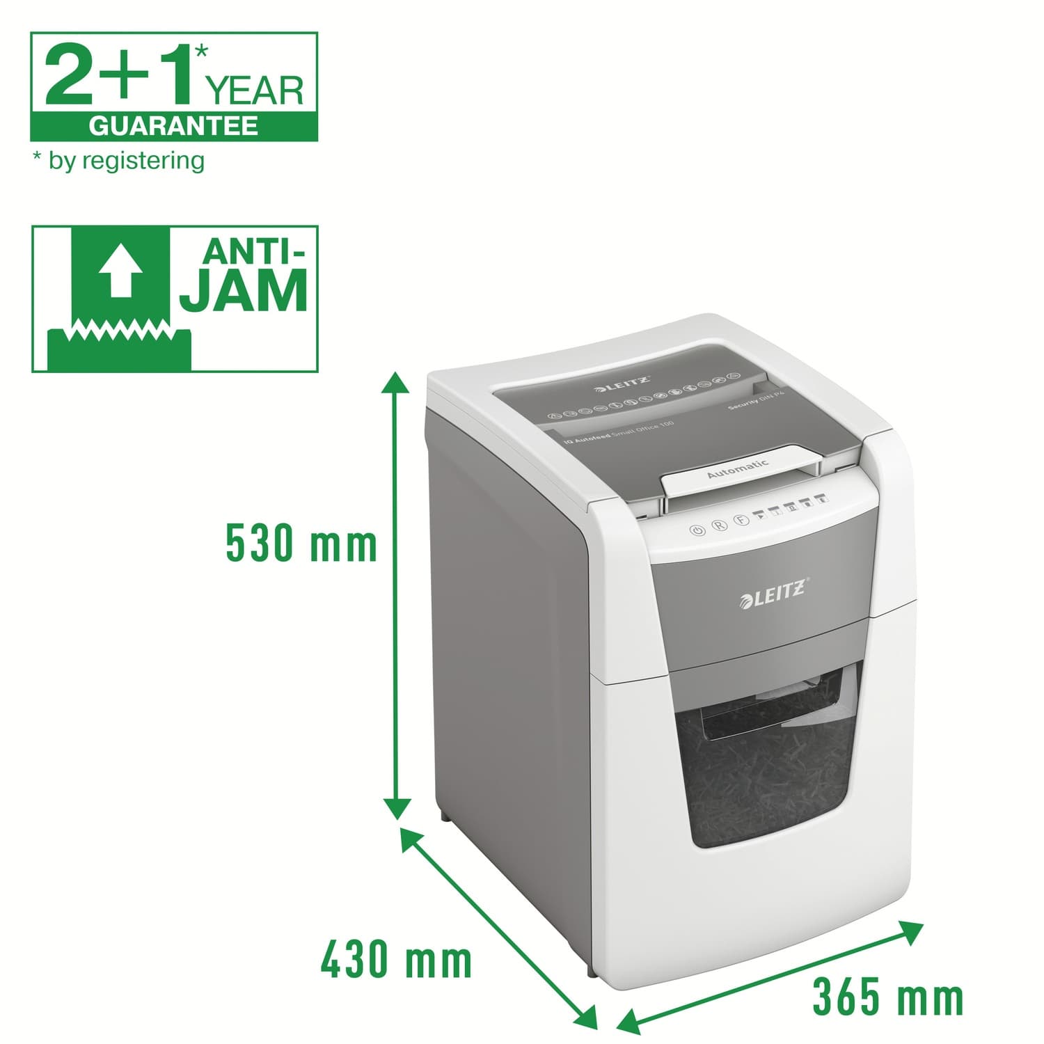 Distrugator automat documente Leitz IQ Small Office, 100 coli, P4, cross-cut (tip confeti), cos 34 litri, alb-gri, Leitz "80110000" — miniatură