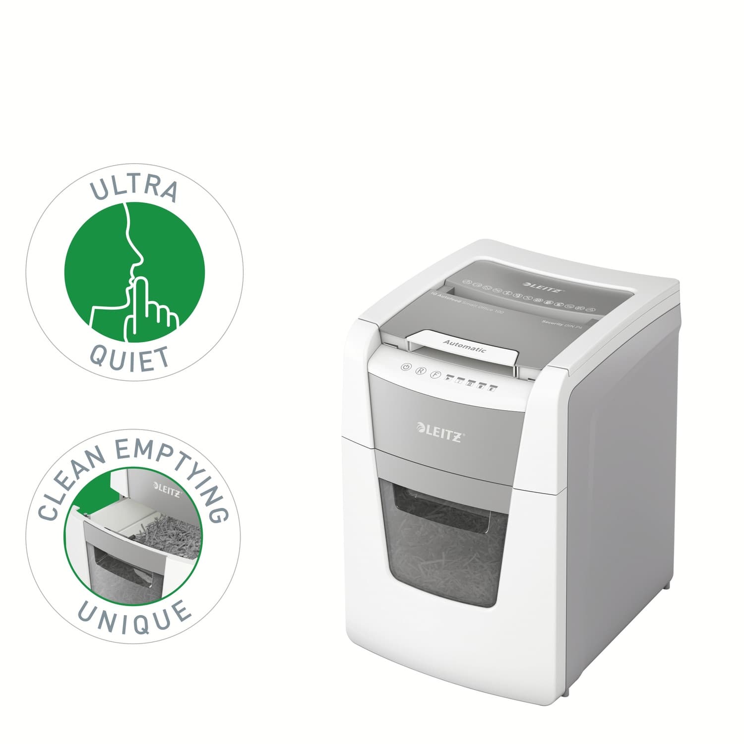Distrugator automat documente Leitz IQ Small Office, 100 coli, P4, cross-cut (tip confeti), cos 34 litri, alb-gri, Leitz "80110000" — miniatură