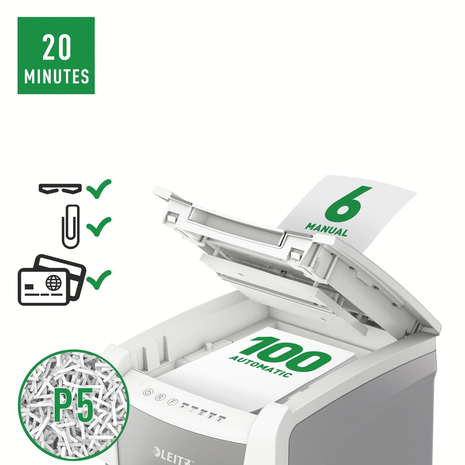 Distrugator automat documente Leitz IQ Small Office, 100 coli, P5, micro-cut (tip particule), cos 34 litri, alb-gri, Leitz "80120000" — miniatură