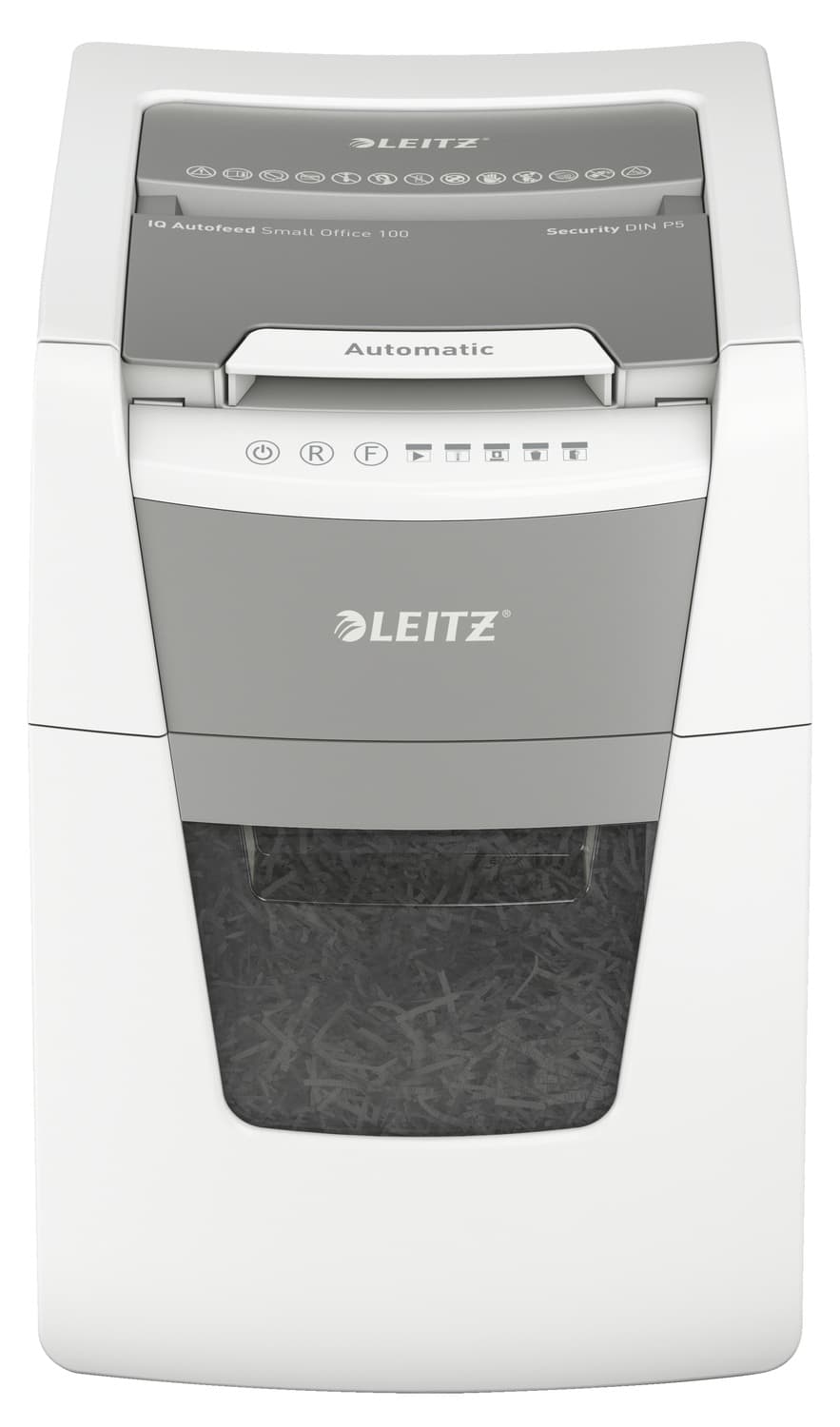 Distrugator automat documente Leitz IQ Small Office, 100 coli, P5, micro-cut (tip particule), cos 34 litri, alb-gri, Leitz "80120000" — miniatură