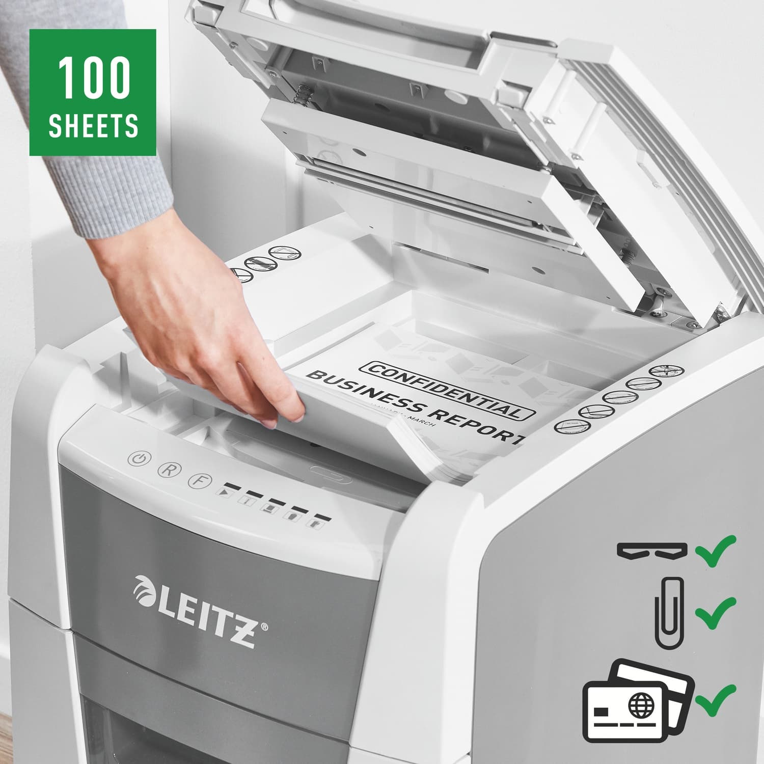 Distrugator automat documente Leitz IQ Small Office, 100 coli, P5, micro-cut (tip particule), cos 34 litri, alb-gri, Leitz "80120000" — miniatură