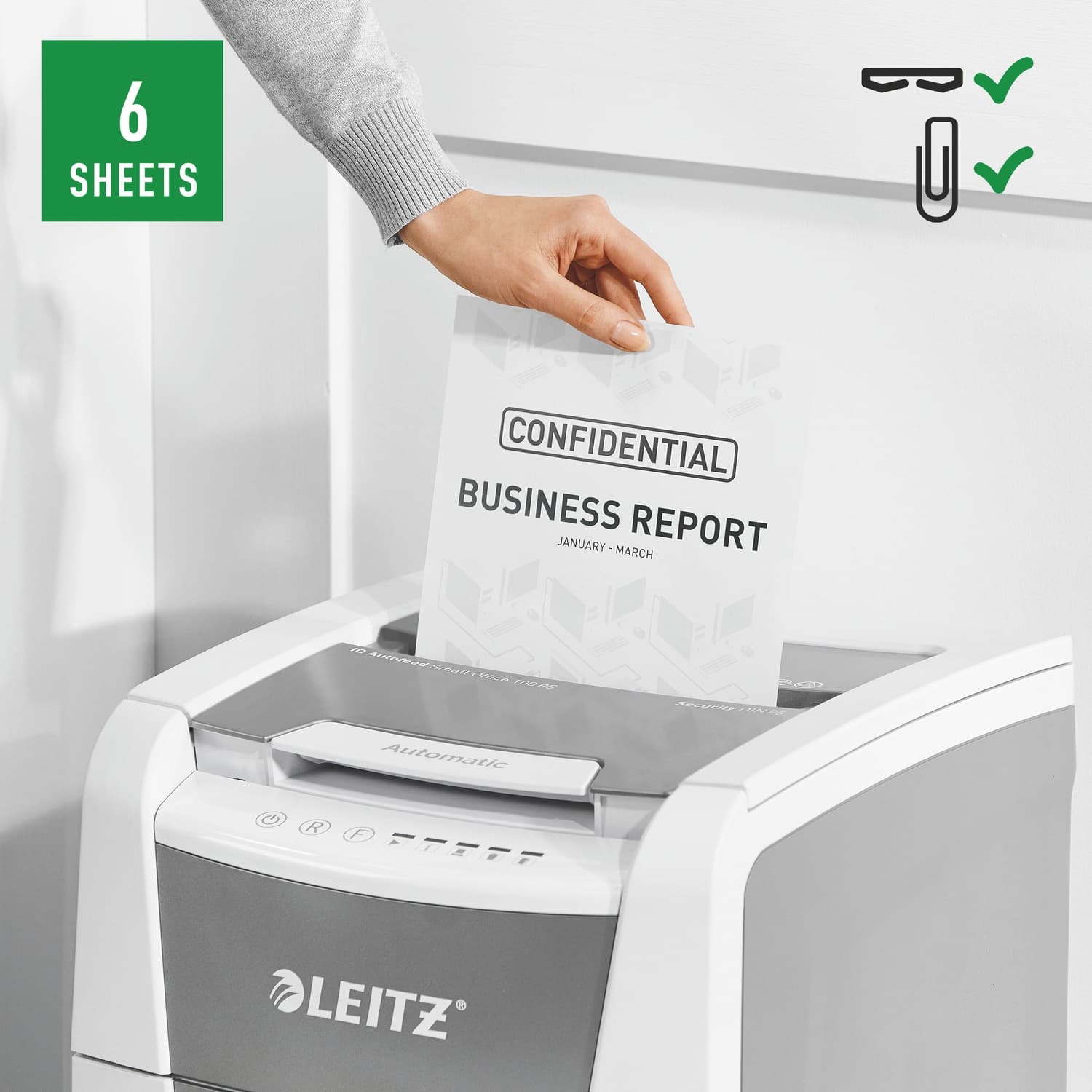 Distrugator automat documente Leitz IQ Small Office, 100 coli, P5, micro-cut (tip particule), cos 34 litri, alb-gri, Leitz "80120000" — miniatură