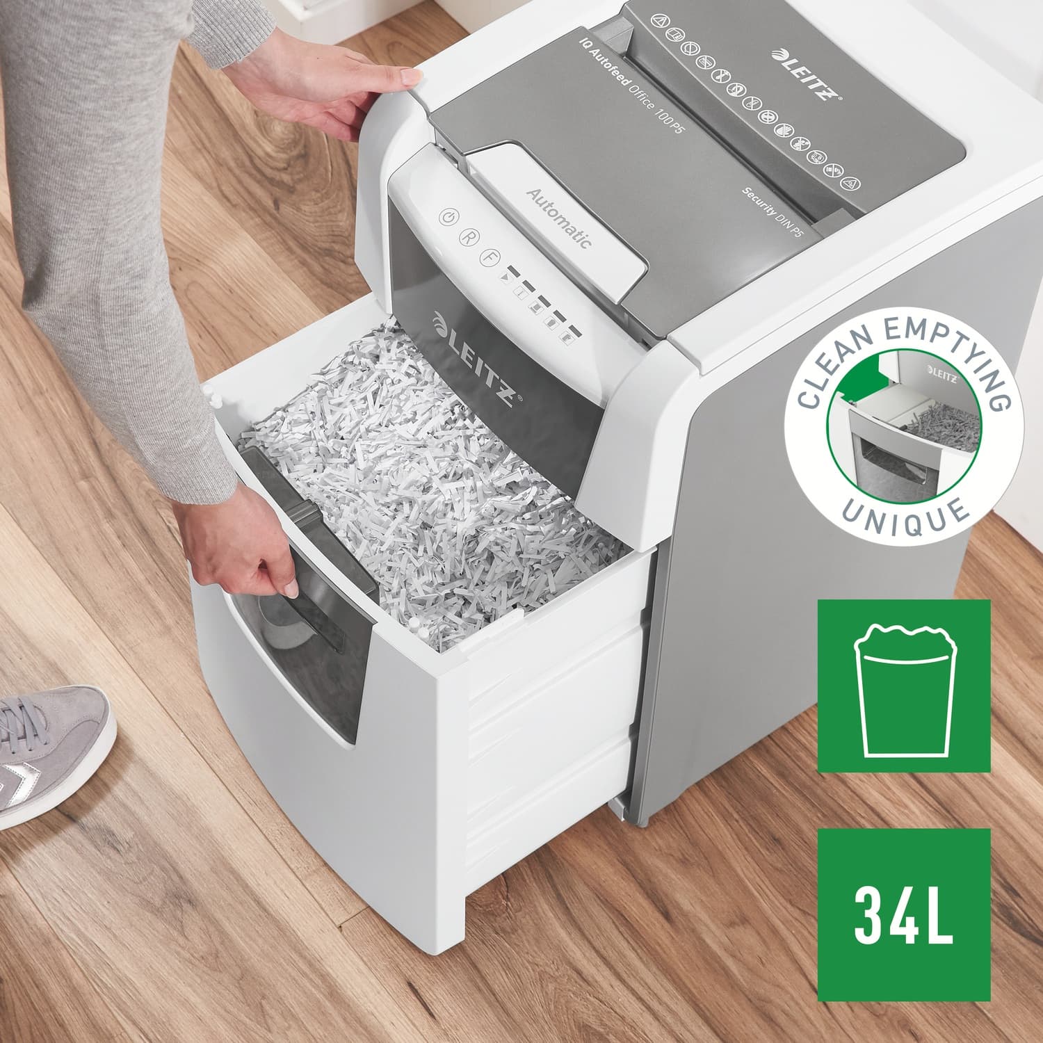 Distrugator automat documente Leitz IQ Small Office, 100 coli, P5, micro-cut (tip particule), cos 34 litri, alb-gri, Leitz "80120000" — miniatură