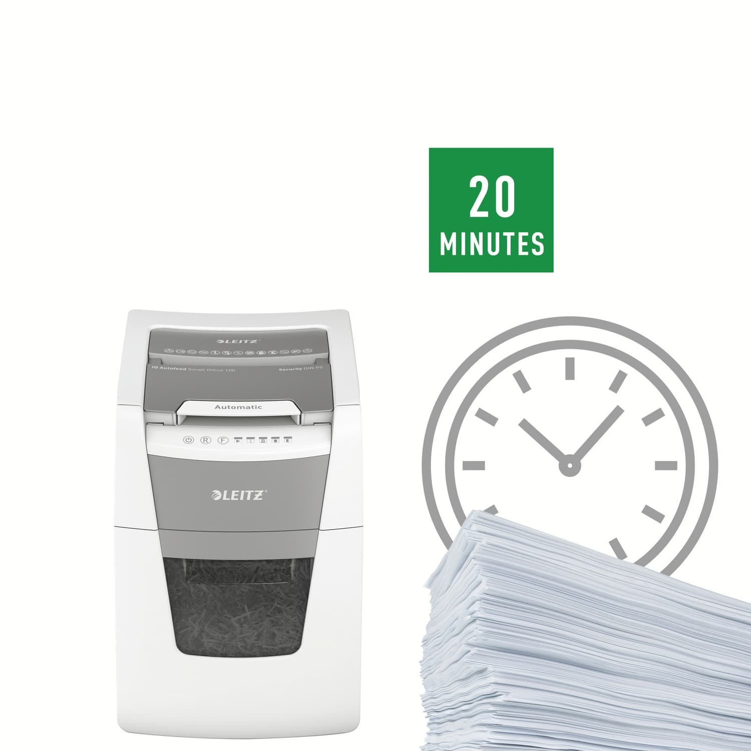 Distrugator automat documente Leitz IQ Small Office, 100 coli, P5, micro-cut (tip particule), cos 34 litri, alb-gri, Leitz "80120000" — miniatură