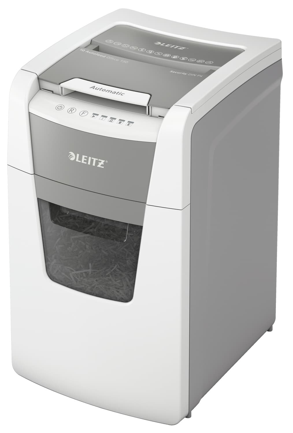 Distrugator automat documente Leitz IQ Office, 150 coli, P4, cross-cut (tip confeti), cos 44 litri, alb-gri, Leitz "80130000"