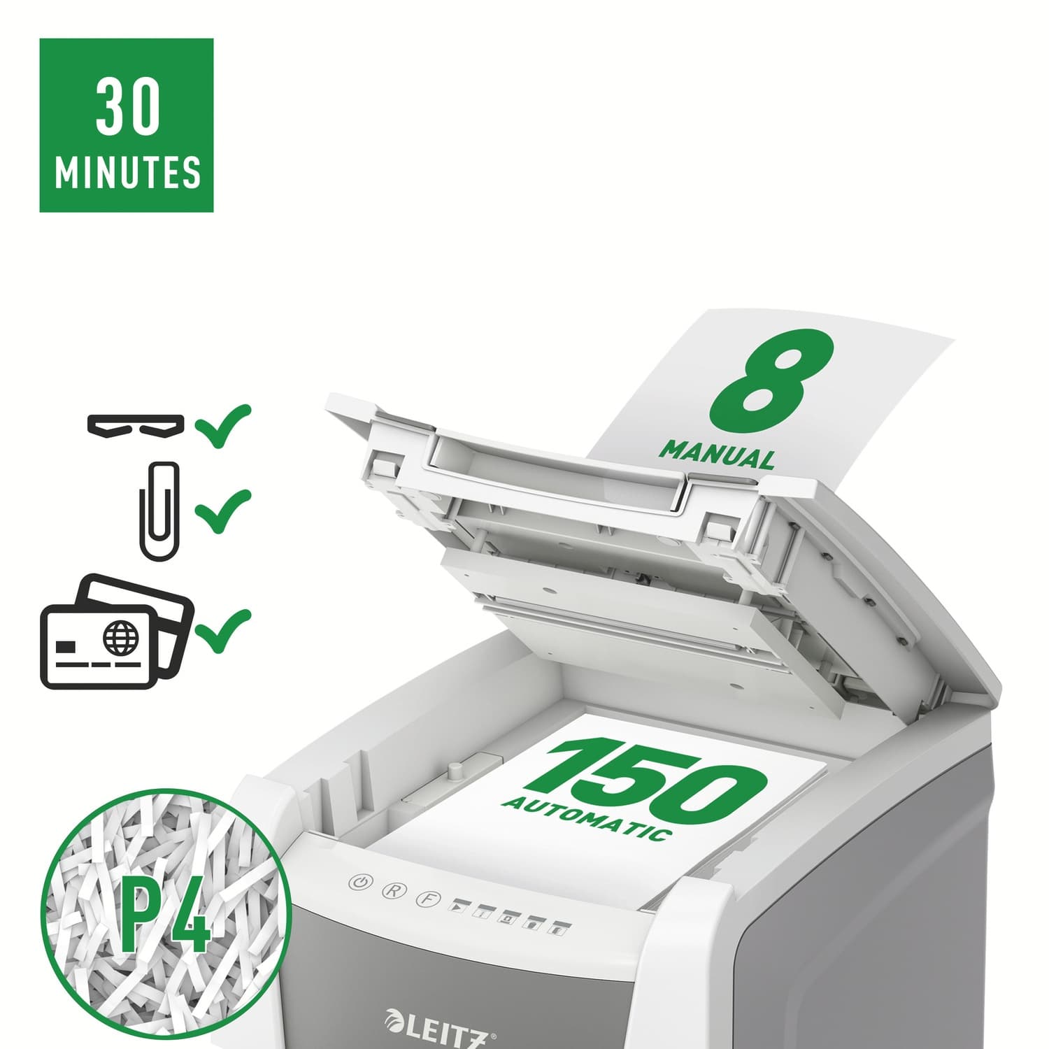 Distrugator automat documente Leitz IQ Office, 150 coli, P4, cross-cut (tip confeti), cos 44 litri, alb-gri, Leitz "80130000" — miniatură