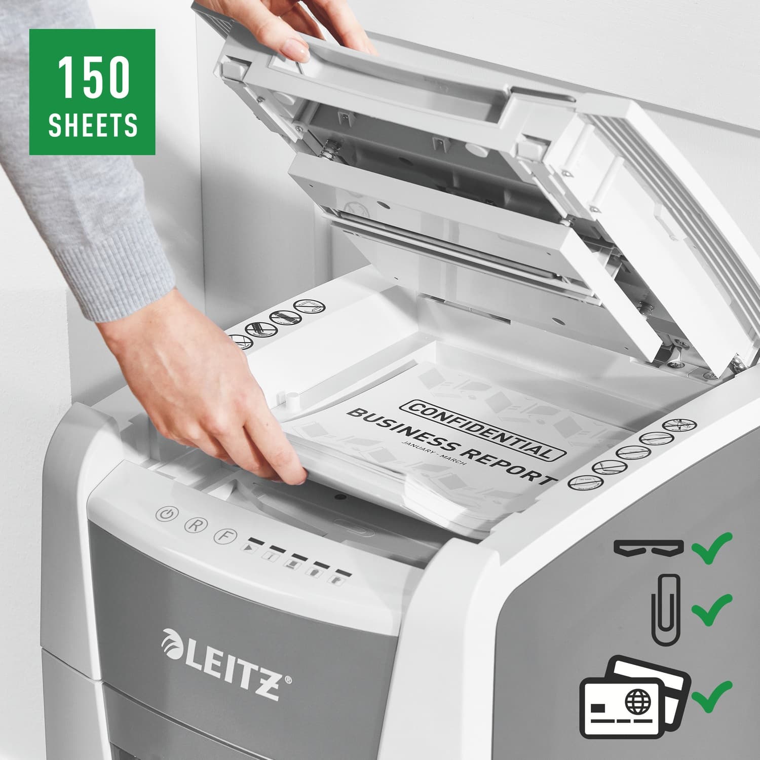 Distrugator automat documente Leitz IQ Office, 150 coli, P4, cross-cut (tip confeti), cos 44 litri, alb-gri, Leitz "80130000" — miniatură