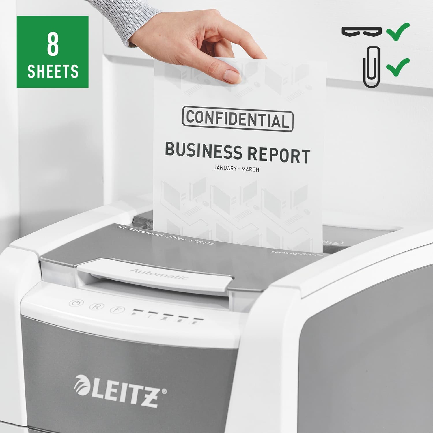 Distrugator automat documente Leitz IQ Office, 150 coli, P4, cross-cut (tip confeti), cos 44 litri, alb-gri, Leitz "80130000" — miniatură