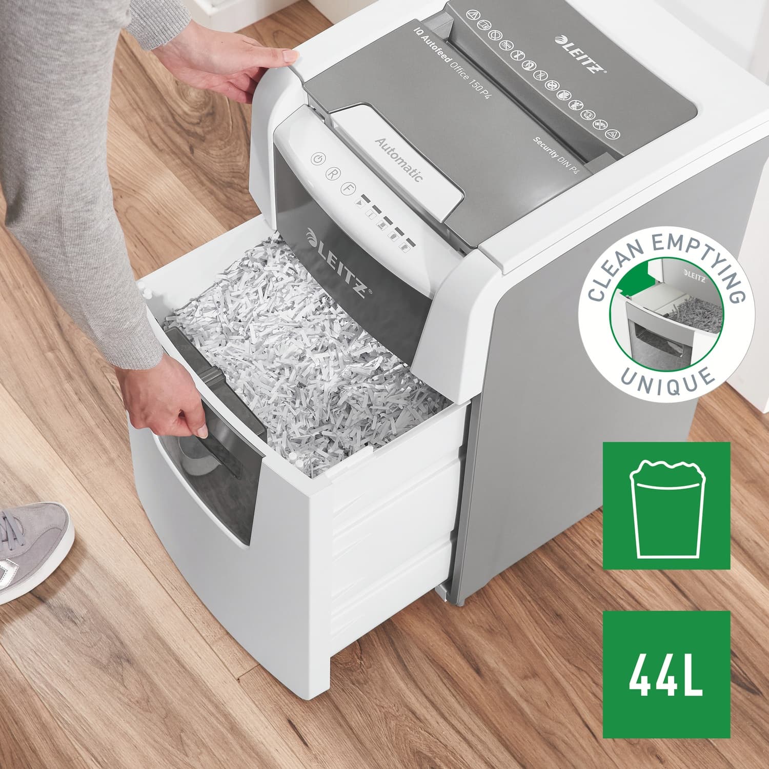 Distrugator automat documente Leitz IQ Office, 150 coli, P4, cross-cut (tip confeti), cos 44 litri, alb-gri, Leitz "80130000" — miniatură