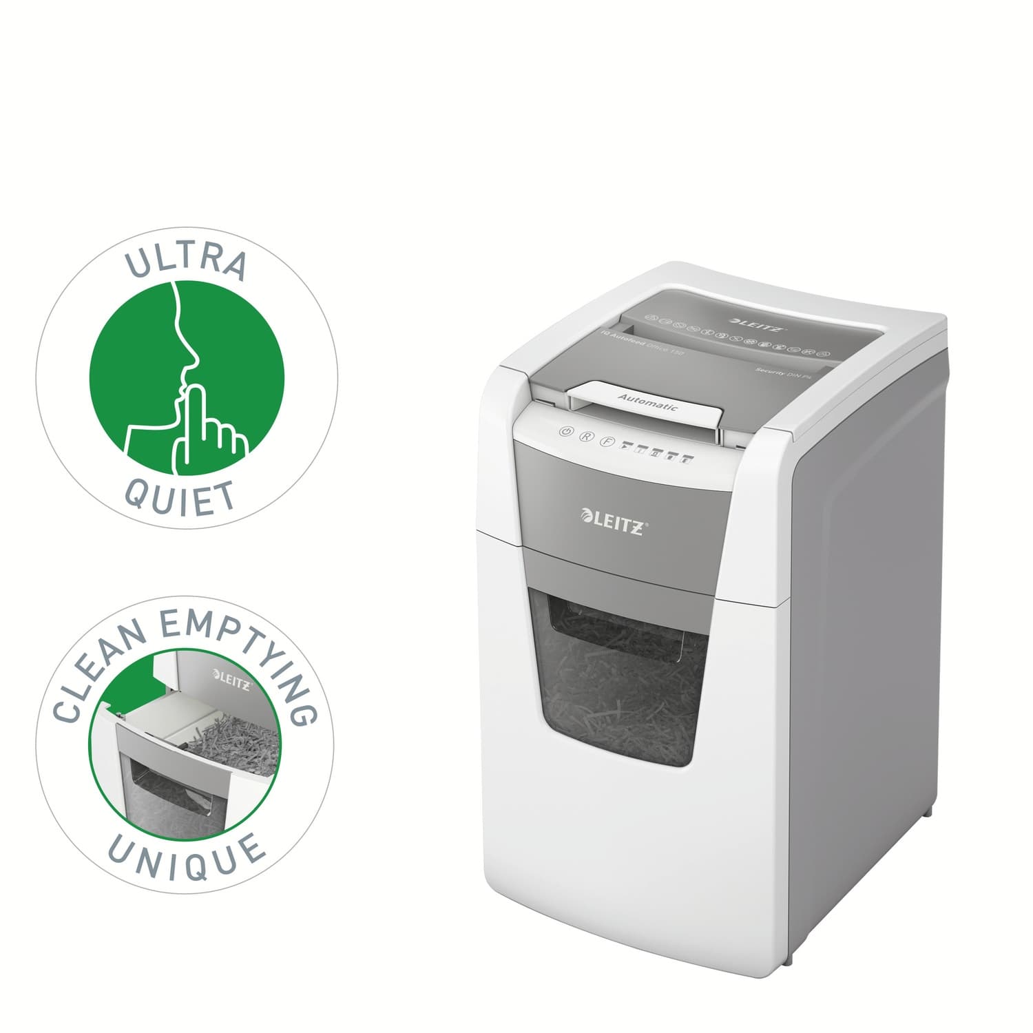 Distrugator automat documente Leitz IQ Office, 150 coli, P4, cross-cut (tip confeti), cos 44 litri, alb-gri, Leitz "80130000" — miniatură